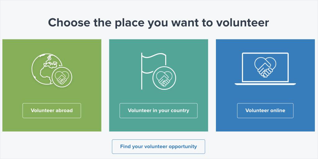 UNV 官网 Become a volunteer 页面：Volunteer abroad / Volunteer in your country / Volunteer online 三个入口