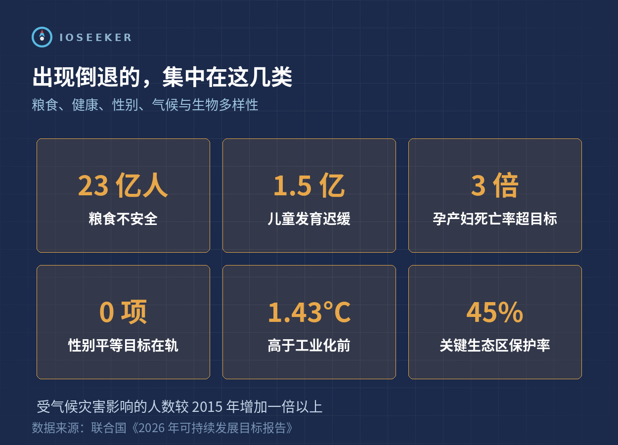 出现倒退的指标：粮食不安全 23 亿人、儿童发育迟缓 1.5 亿、孕产妇死亡率超目标三倍、性别平等 0 项在轨、气温高于工业化前 1.43°C、关键生态区保护率 45%