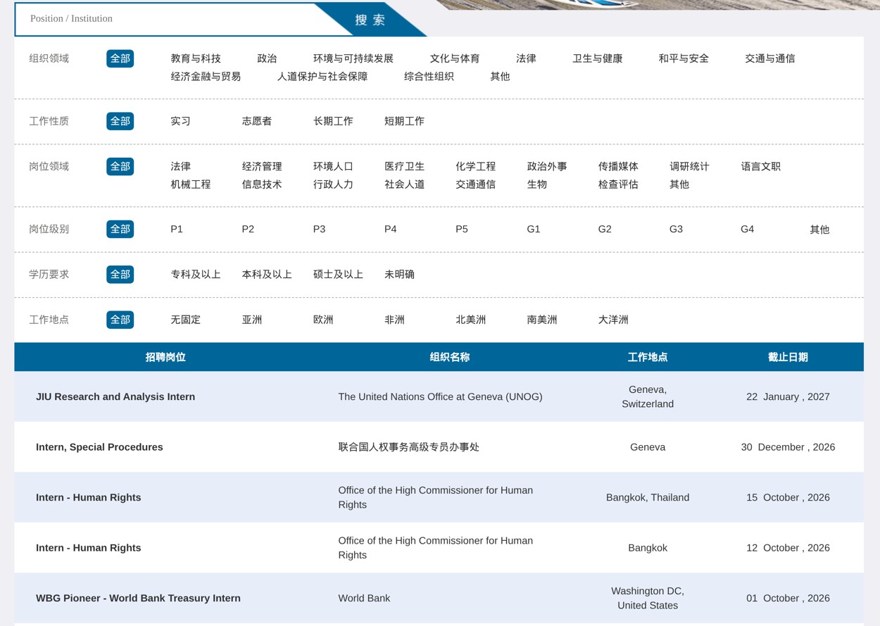 教育部国际组织实习任职信息服务平台的岗位页