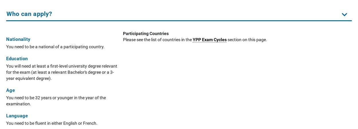 careers.un.org 的 YPP 页面上 Who can apply 展开后的四条资格