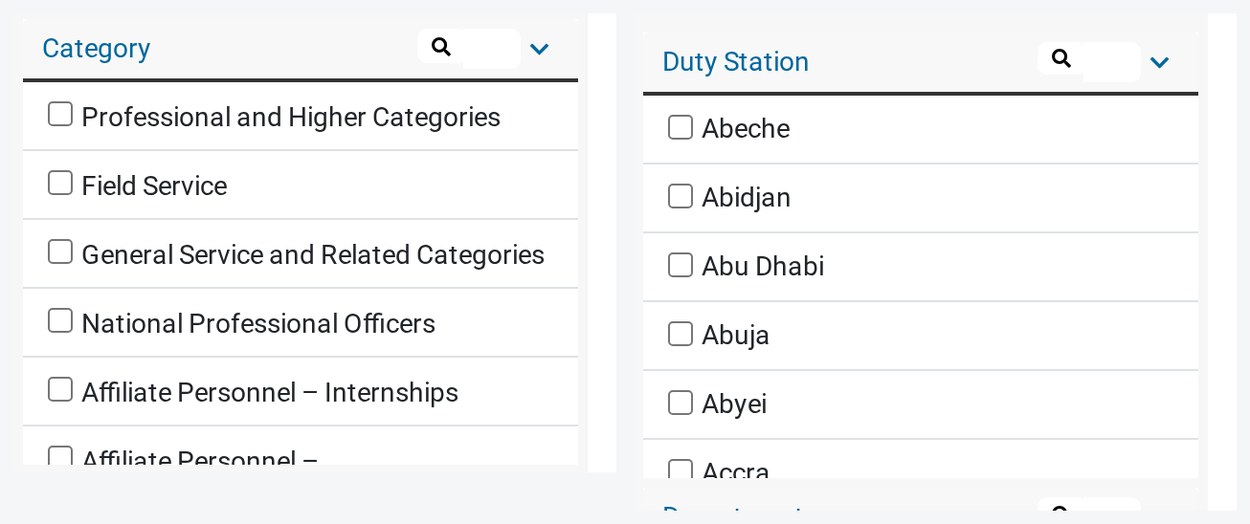 招聘门户左侧筛选栏的 Category 与 Duty Station 两组
