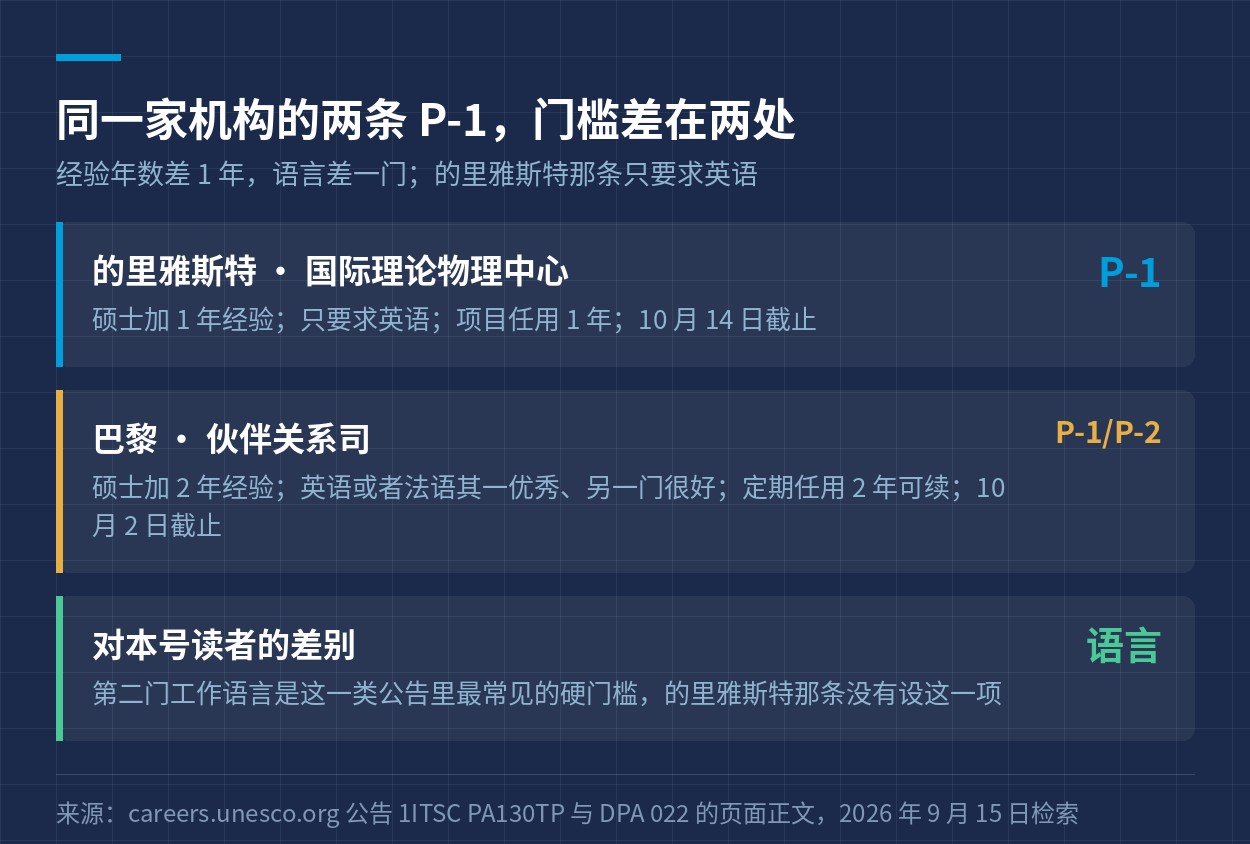 的里雅斯特与巴黎两条 P-1 公告在经验年数与语言上的差别