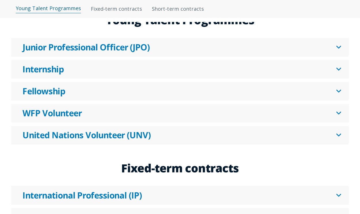 粮食计划署官网 Contract types 一页里青年人才项目的五个条目