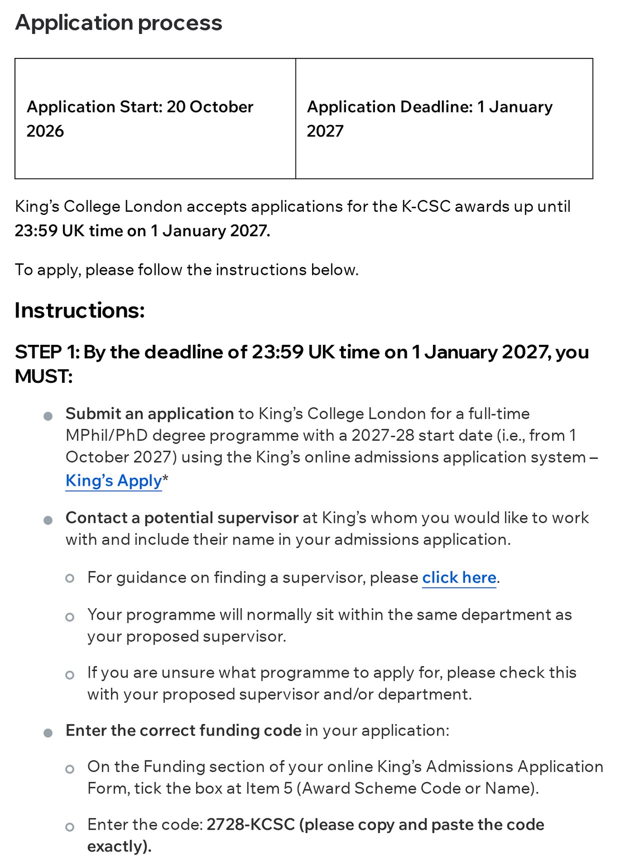伦敦国王学院 K-CSC 页面的 Application process 与第一步说明