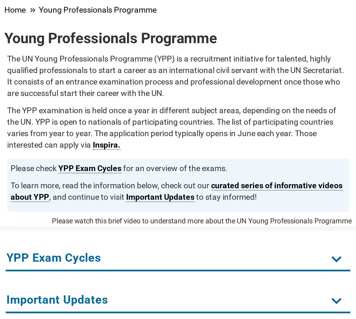 联合国招聘门户 YPP 页面的导语与 YPP Exam Cycles 一栏