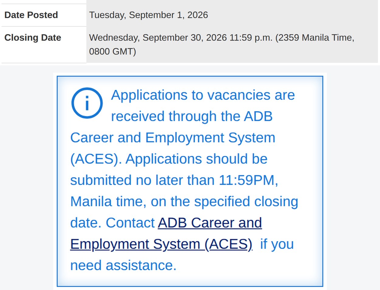 亚开行公告 260870 的 Closing Date 一行与 Apply 提示