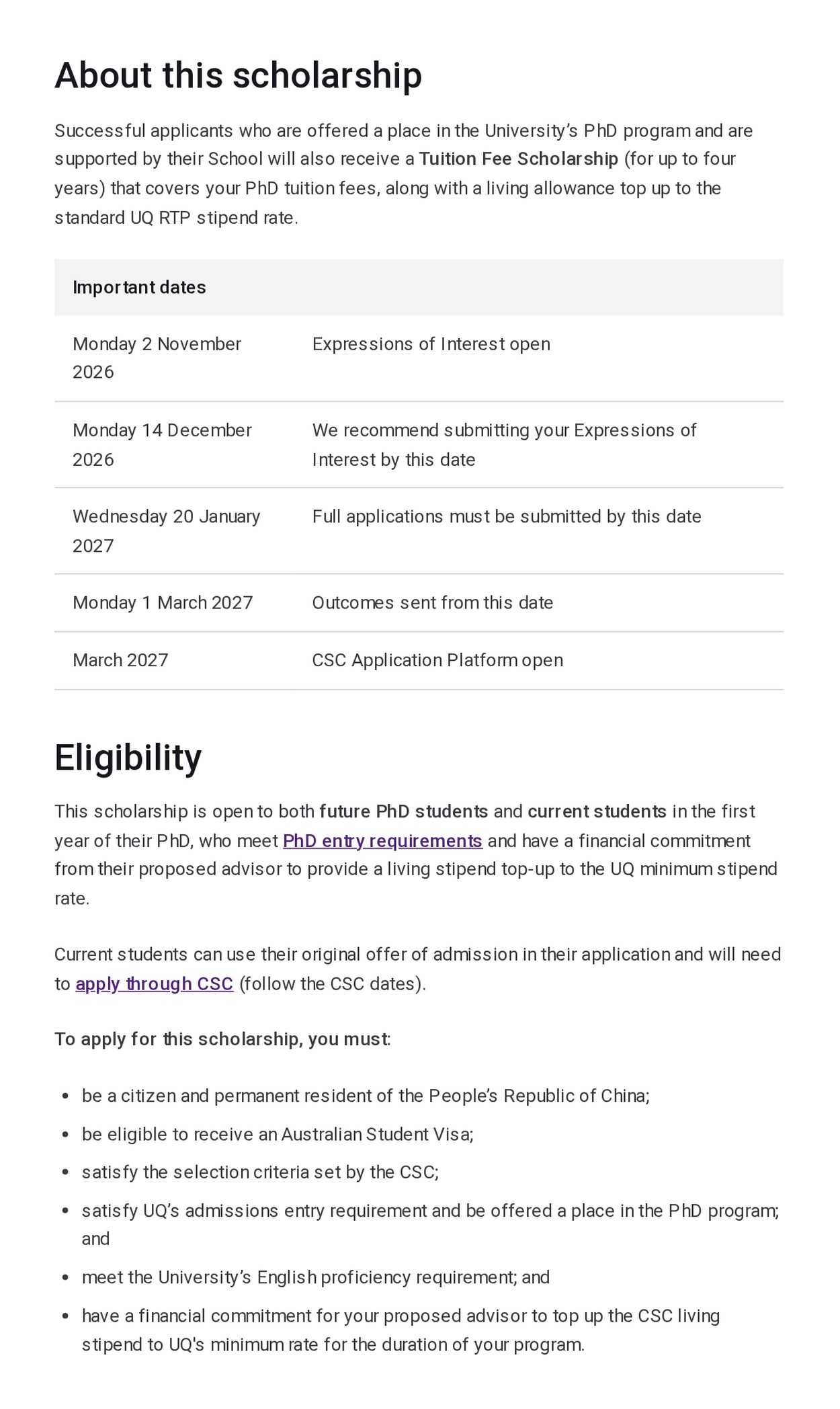 昆士兰大学 CSC-UQ PhD Scholarship 页面的资助说明、时间表与资格