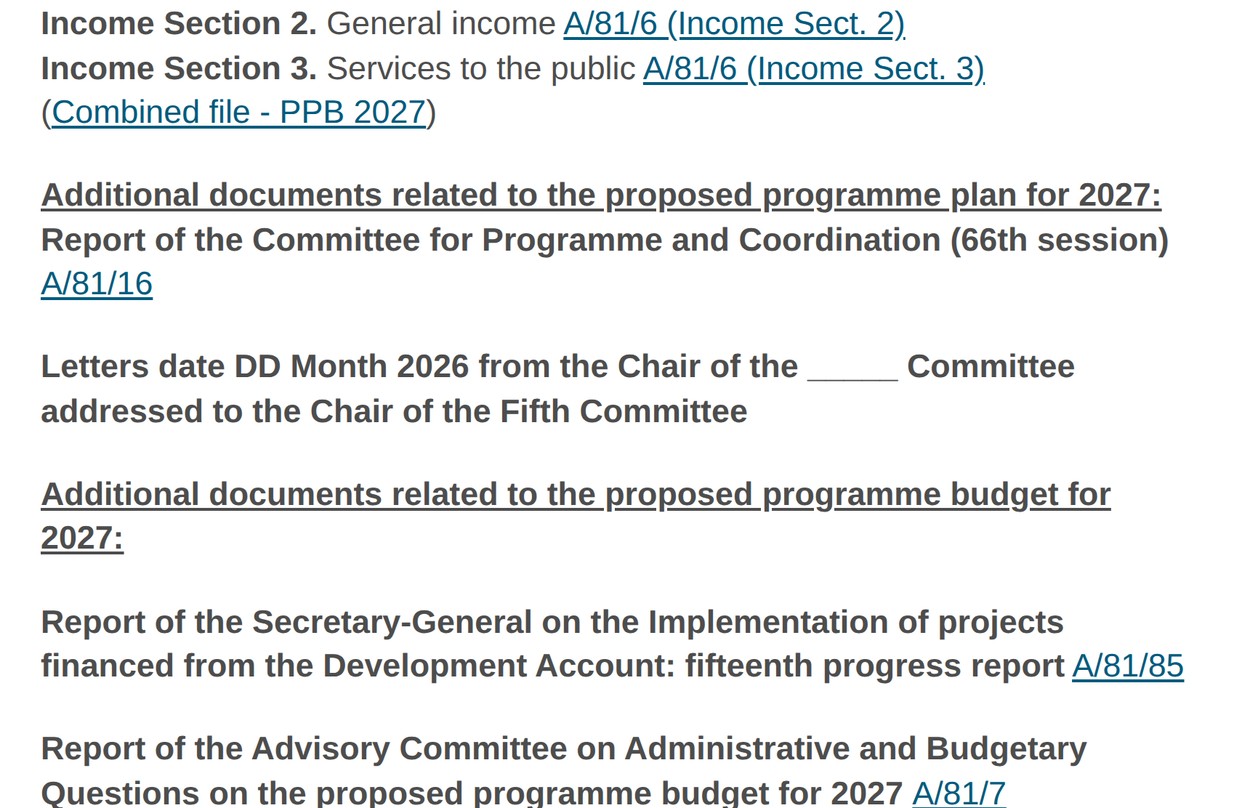 第五委员会官网 2027 年拟议方案计划与预算的文件清单页，列有 A/81/7