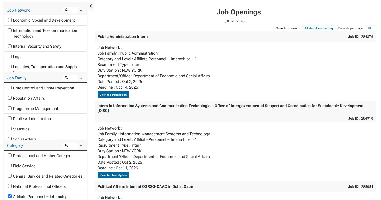 招聘门户 Job Openings 页，Category 选 Affiliate Personnel – Internships 后显示 68 Jobs found