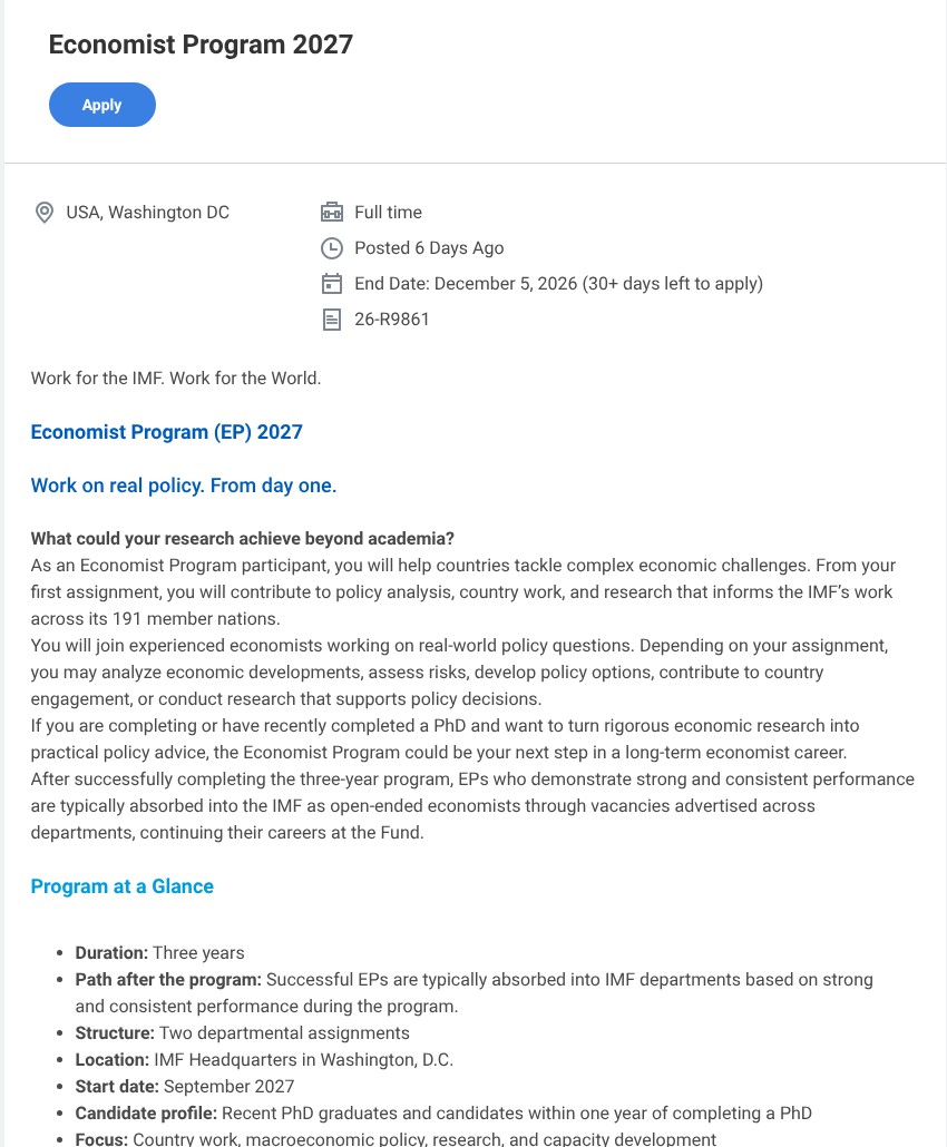 货基组织招聘门户上的经济学家项目 2027 职位页：End Date 为 2026 年 12 月 5 日