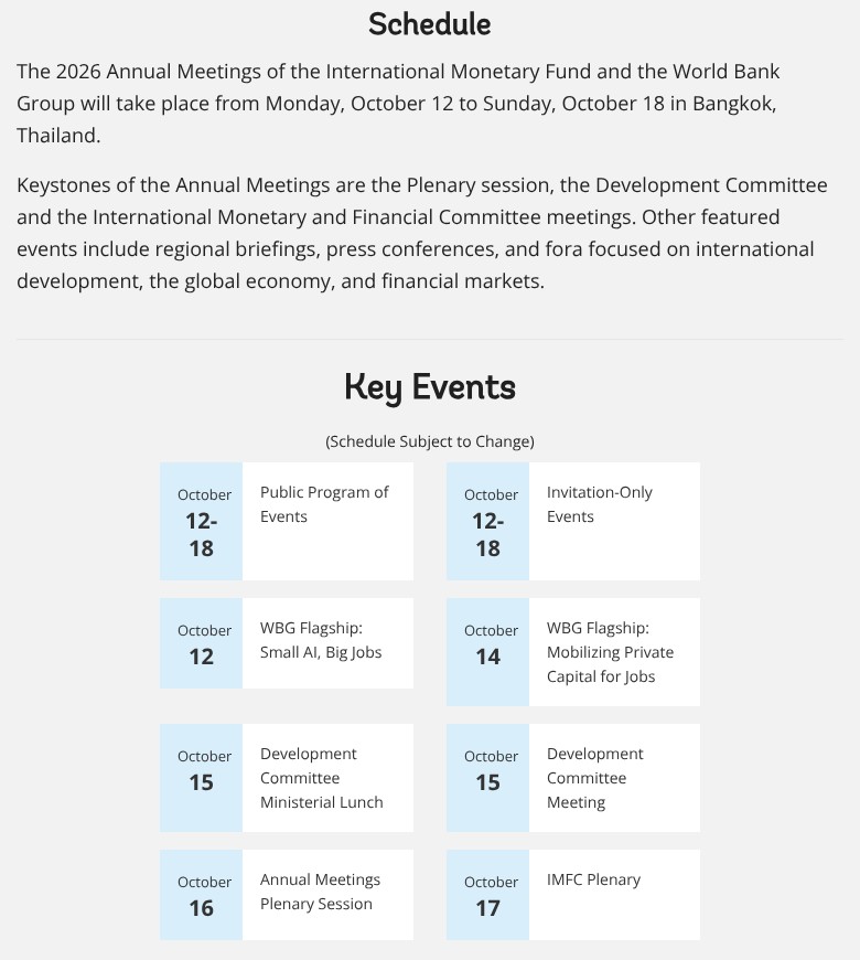 世界银行集团年会官网的 Schedule 与 Key Events：10 月 12 日至 18 日，曼谷