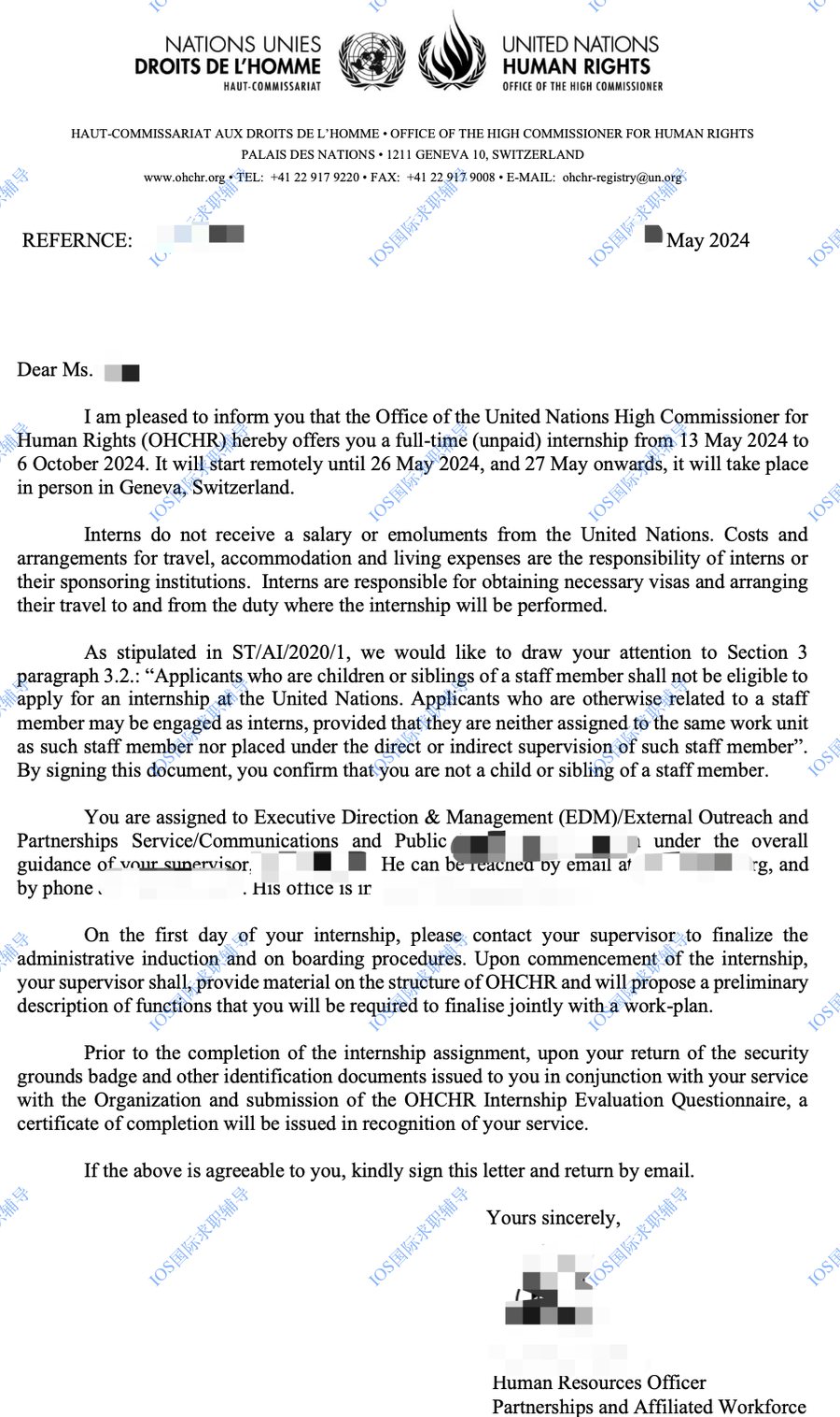 OHCHR 联合国人权事务高级专员办事处实习录用通知 · 日内瓦（已脱敏）